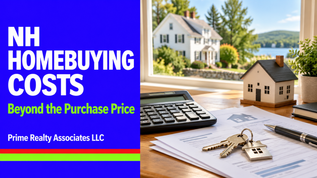 NH homebuying costs illustrated with a calculator, house keys, budget papers, and a model home