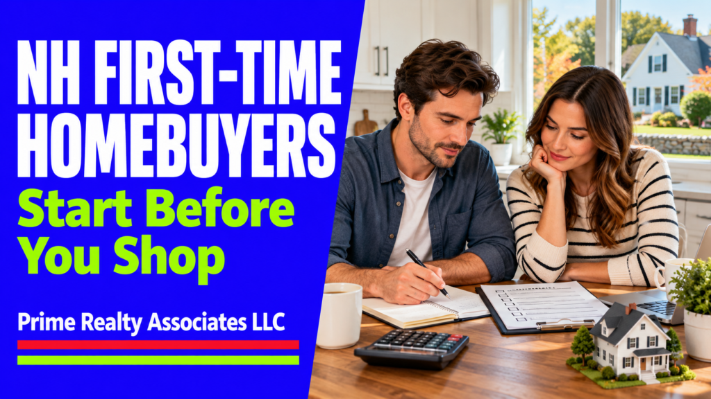 Illustration of NH first-time homebuyers reviewing a budget and home purchase checklist