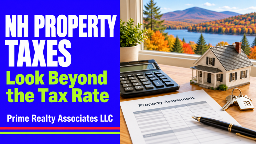 Illustration of a property assessment worksheet, calculator, and model home for reviewing NH property taxes