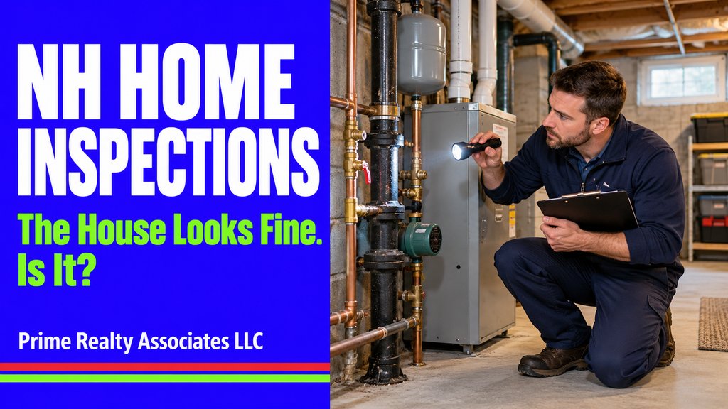 Illustration of an inspector checking heating and plumbing systems during NH home inspections